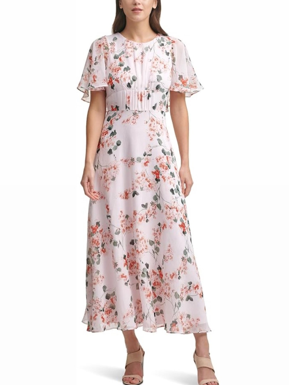 Calvin Klein Pink Maxi Dress with Coral Floral Motif